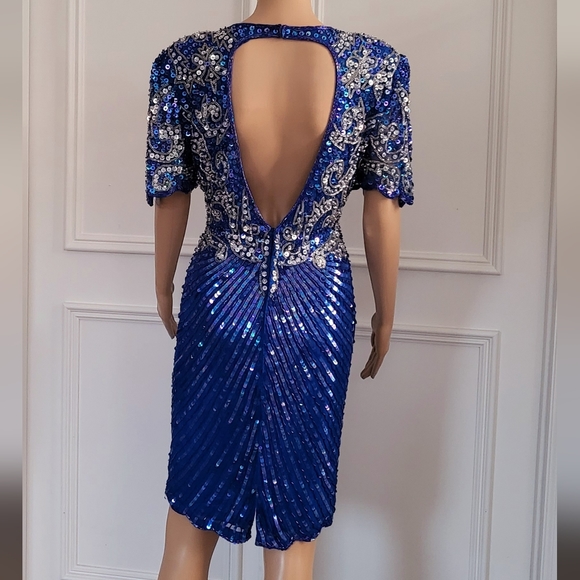 Brilliante By JA Blue & Silver Beaded Sequin Cocktail Dress - Size S - Picture 5 of 8